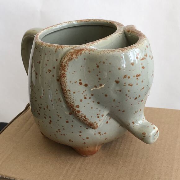 Pottery Elephant Mug With Tea Bag Holder Neutral Gray Brown Speckled Animal - Picture 2 of 9